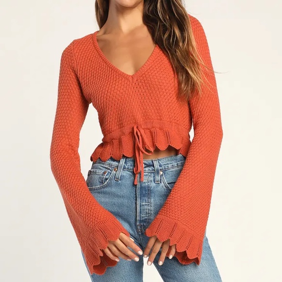Lulus Sweaters - Lulus Total Frills Rust Orange Knit Drawstring Cropped Sweater Top
